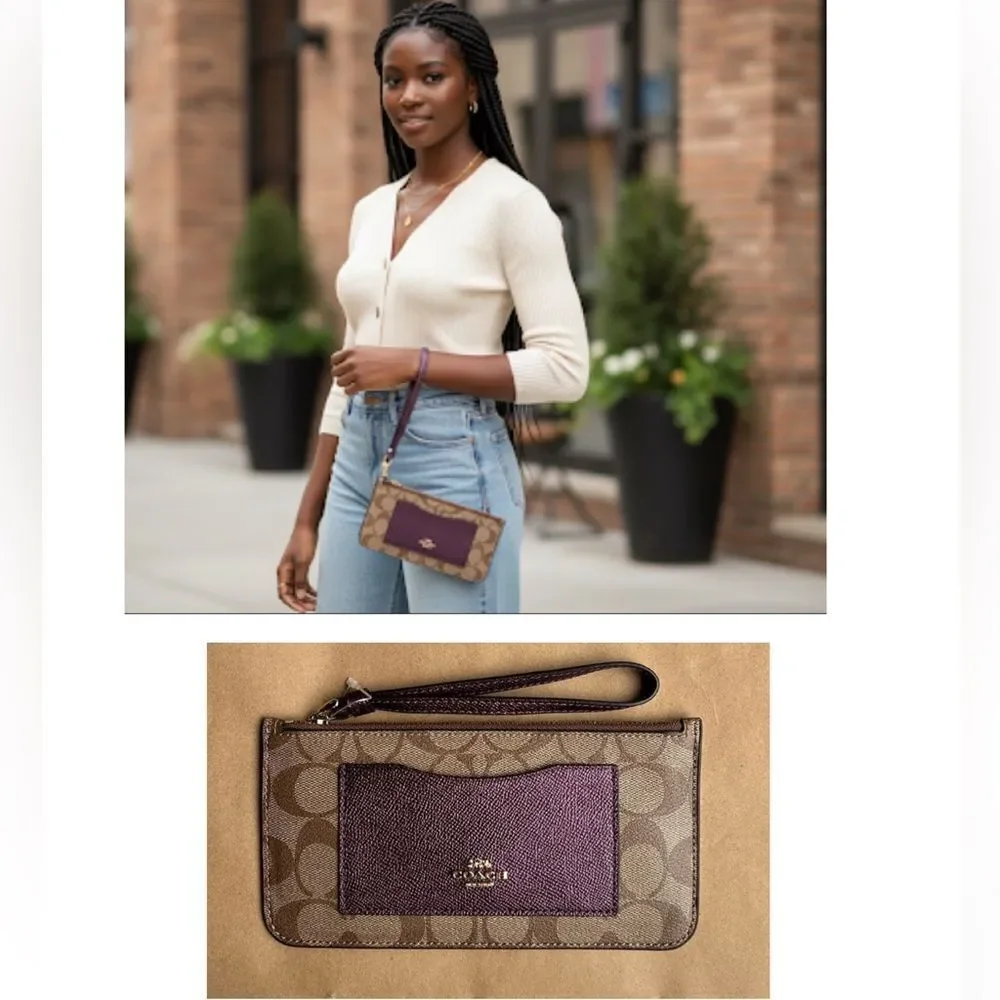 Coach Signature Zip Top Brown and Purple Wristlet